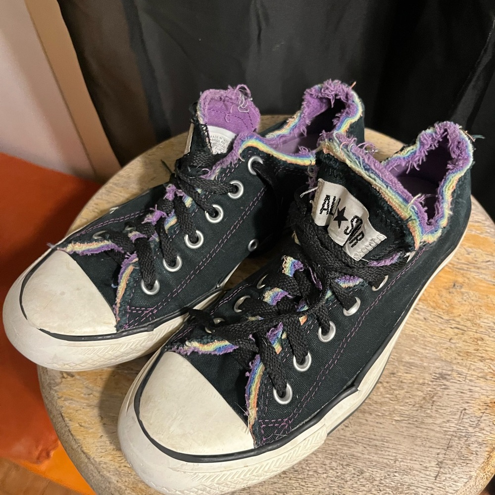 Converse Black Canvas Low-Top Sneakers with Multicolor Frayed Trim